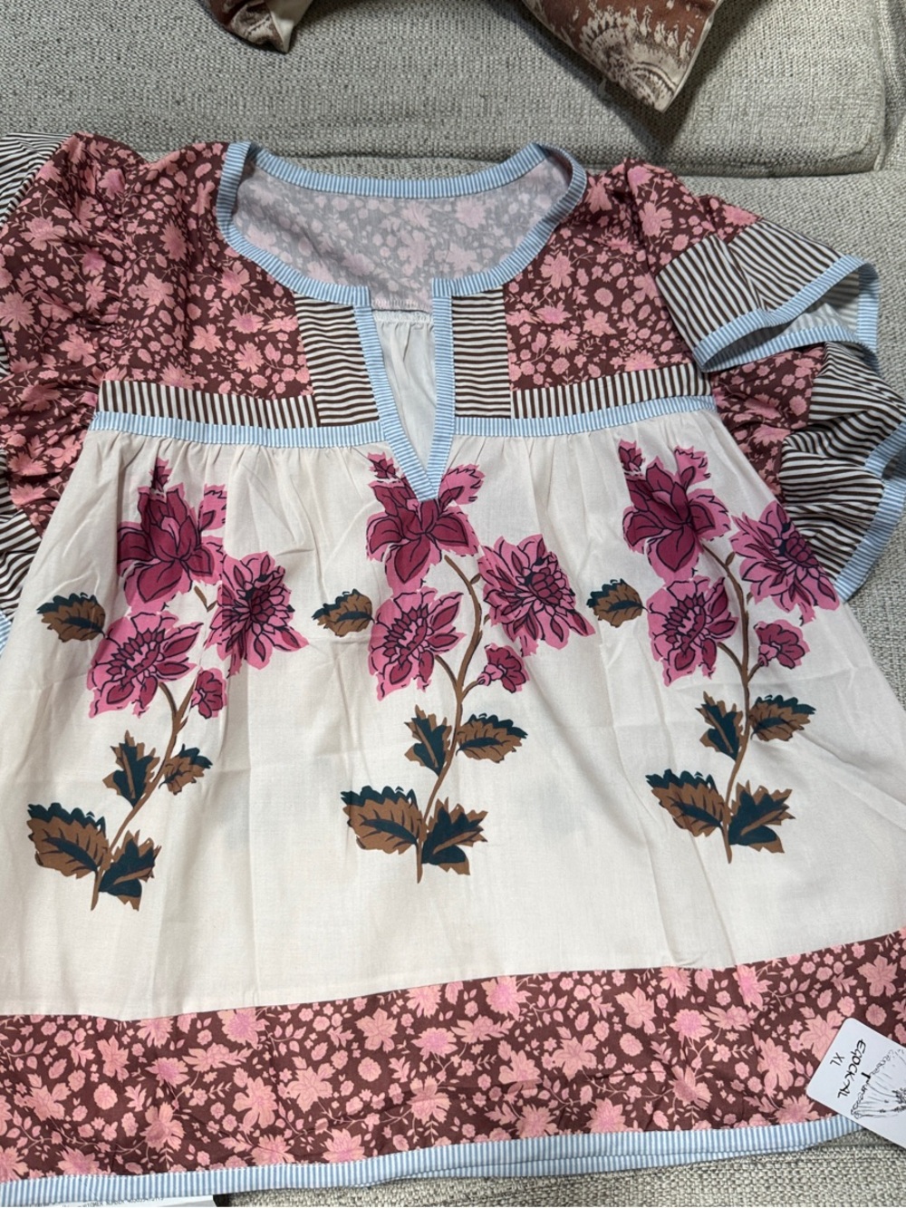 Girls Floral Patchwork Peasant top in Pink  brown blue and Cream